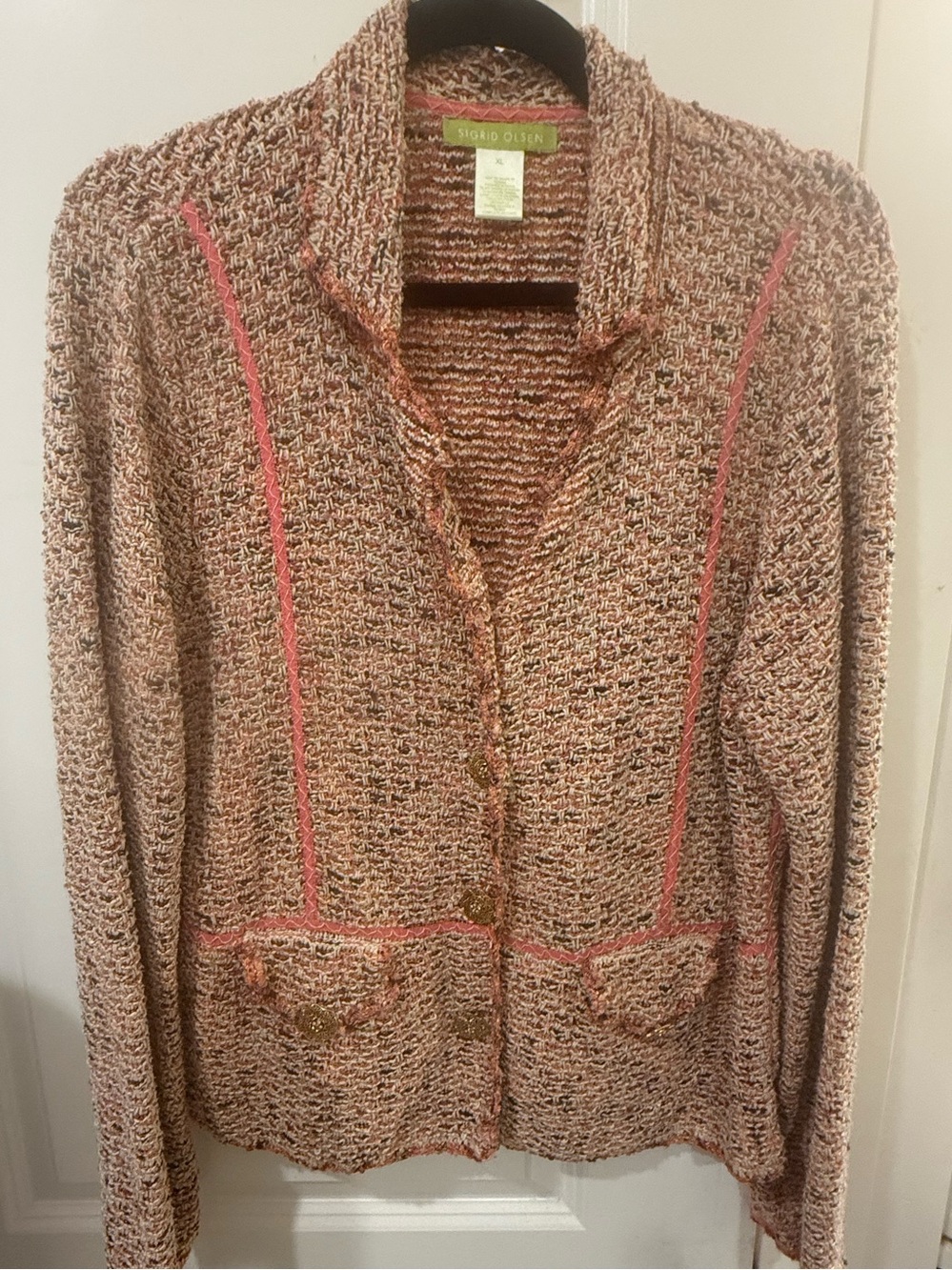 Sigrid Olsen XL Pink Tweed Knit Blazer Jacket Ornate Buttons